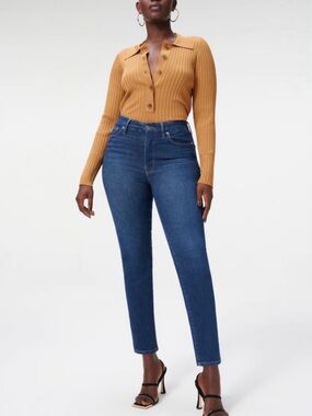 Good American High-Rise Slim Straight Jeans in Dark Blue